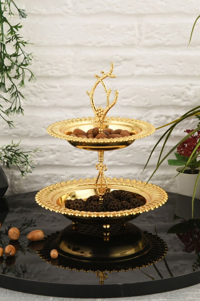Juni Lüks Gold Paslanmaz Metal Sunum ve Servis Tepsisi Dekoratif Ayaklı İki Katlı İkramlık Tepsi
