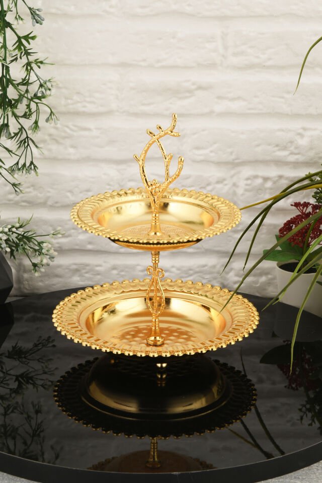 Juni Lüks Gold Paslanmaz Metal Sunum ve Servis Tepsisi Dekoratif Ayaklı İki Katlı İkramlık Tepsi