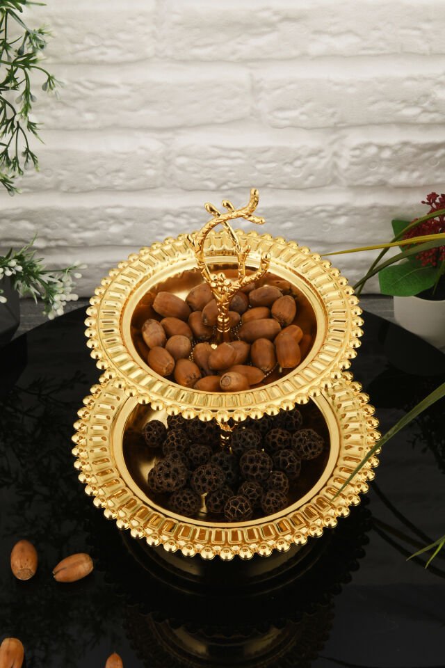 Juni Lüks Gold Paslanmaz Metal Sunum ve Servis Tepsisi Dekoratif Ayaklı İki Katlı İkramlık Tepsi