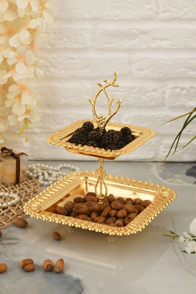Melis Lüks Gold Paslanmaz Metal Sunum ve Servis Tepsisi Dekoratif Ayaklı İki Katlı İkramlık Tepsi