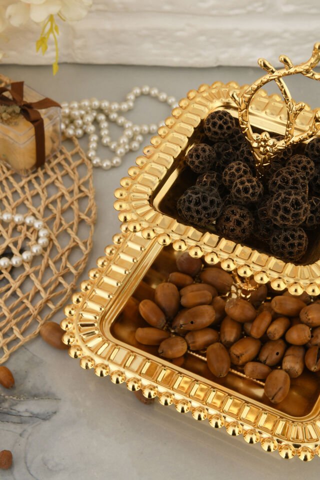 Melis Lüks Gold Paslanmaz Metal Sunum ve Servis Tepsisi Dekoratif Ayaklı İki Katlı İkramlık Tepsi