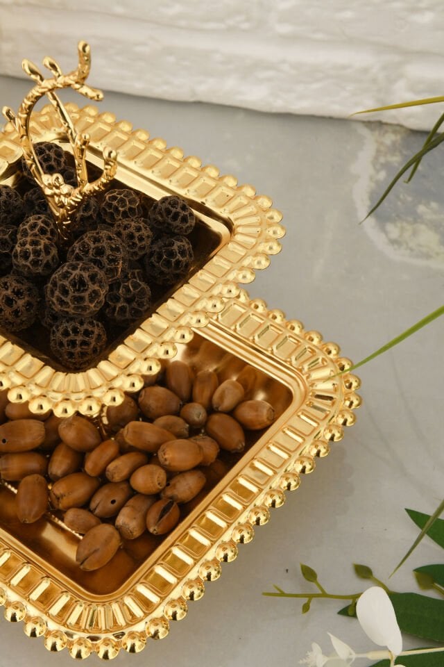 Melis Lüks Gold Paslanmaz Metal Sunum ve Servis Tepsisi Dekoratif Ayaklı İki Katlı İkramlık Tepsi