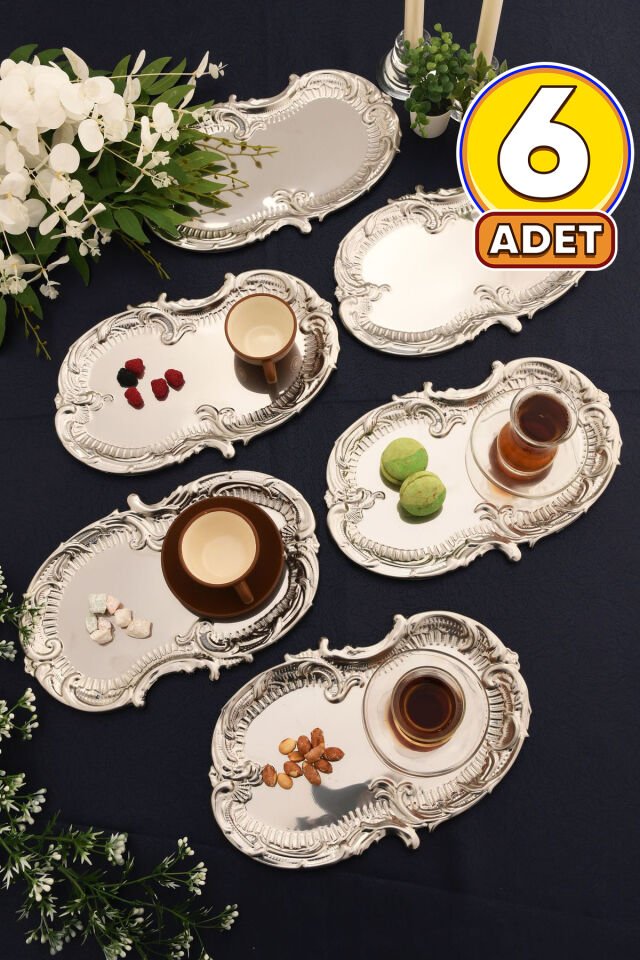 Silen Kahve Sunum Tepsisi Gümüş - Paslanmaz Bulut Model 6 Lı Set