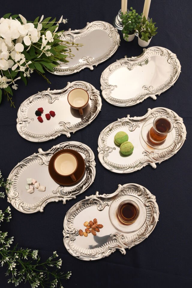 Silen Kahve Sunum Tepsisi Gümüş - Paslanmaz Bulut Model 6 Lı Set
