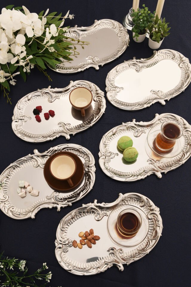 Silen Kahve Sunum Tepsisi Gümüş - Paslanmaz Bulut Model 6 Lı Set