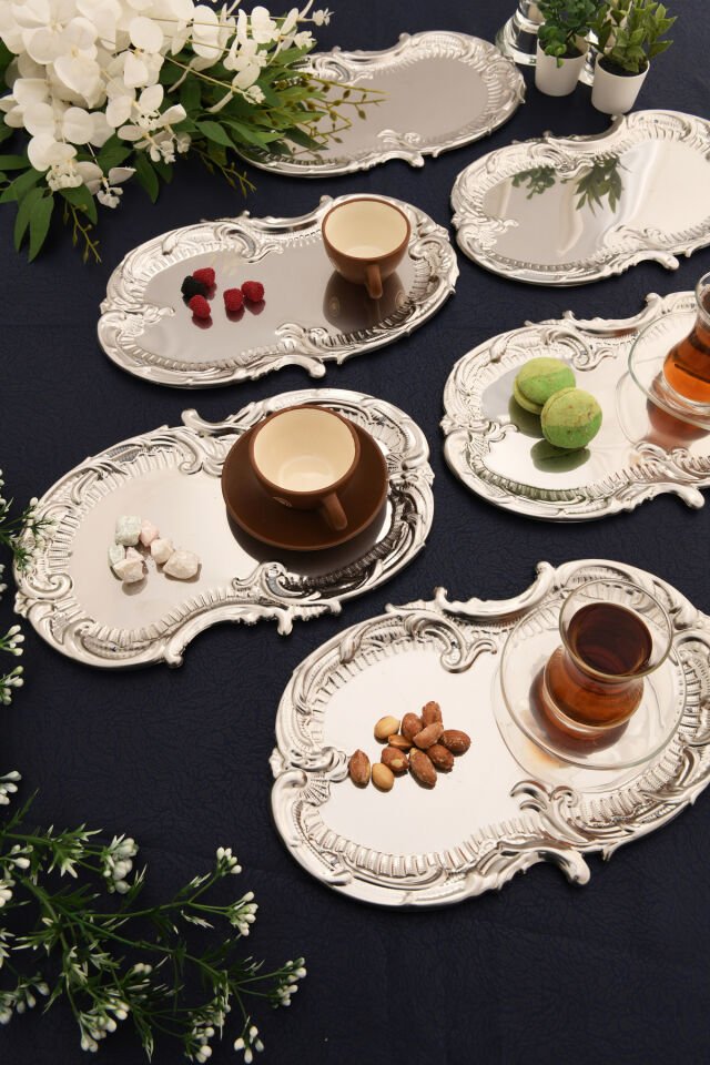 Silen Kahve Sunum Tepsisi Gümüş - Paslanmaz Bulut Model 6 Lı Set