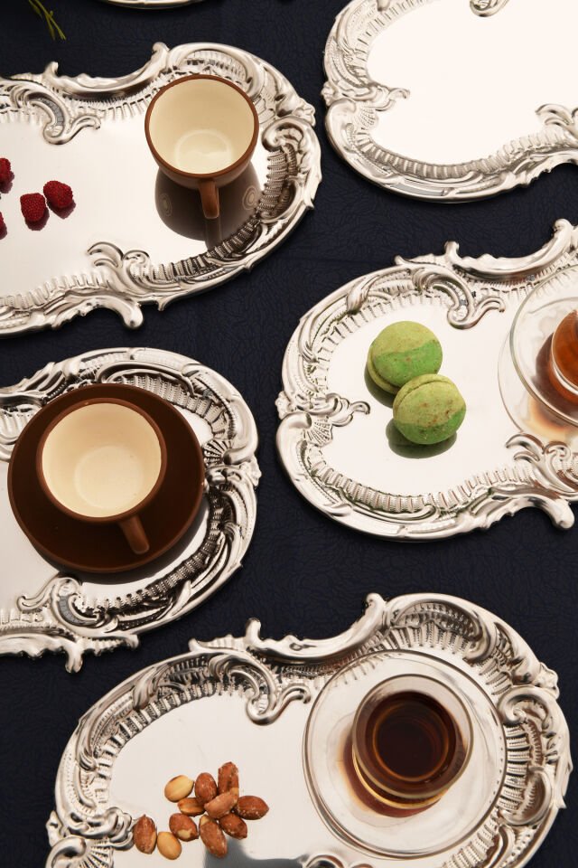 Silen Kahve Sunum Tepsisi Gümüş - Paslanmaz Bulut Model 6 Lı Set