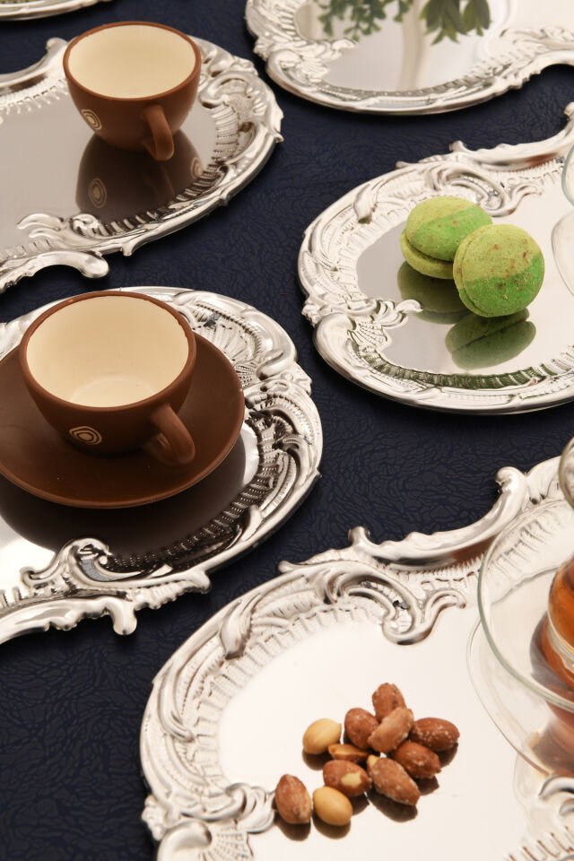 Silen Kahve Sunum Tepsisi Gümüş - Paslanmaz Bulut Model 6 Lı Set