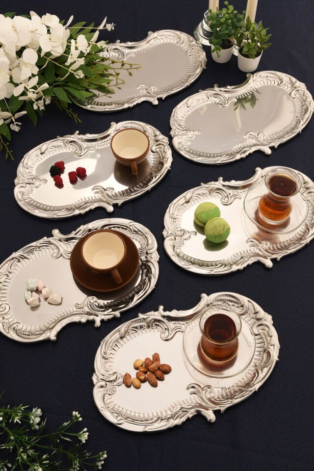 Silen Kahve Sunum Tepsisi Gümüş - Paslanmaz Bulut Model 6 Lı Set