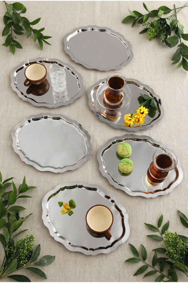 Ovaldi 6'lı Paslanmaz Çelik Oval Kahve Sunum Tepsisi Servis Çay Tepsisi Dekoratif Tepsi