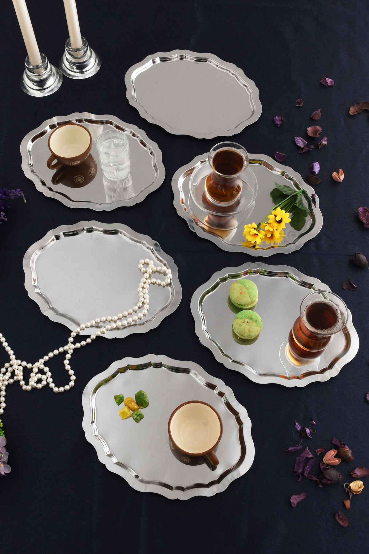 Ovaldi 6'lı Paslanmaz Çelik Oval Kahve Sunum Tepsisi Servis Çay Tepsisi Dekoratif Tepsi