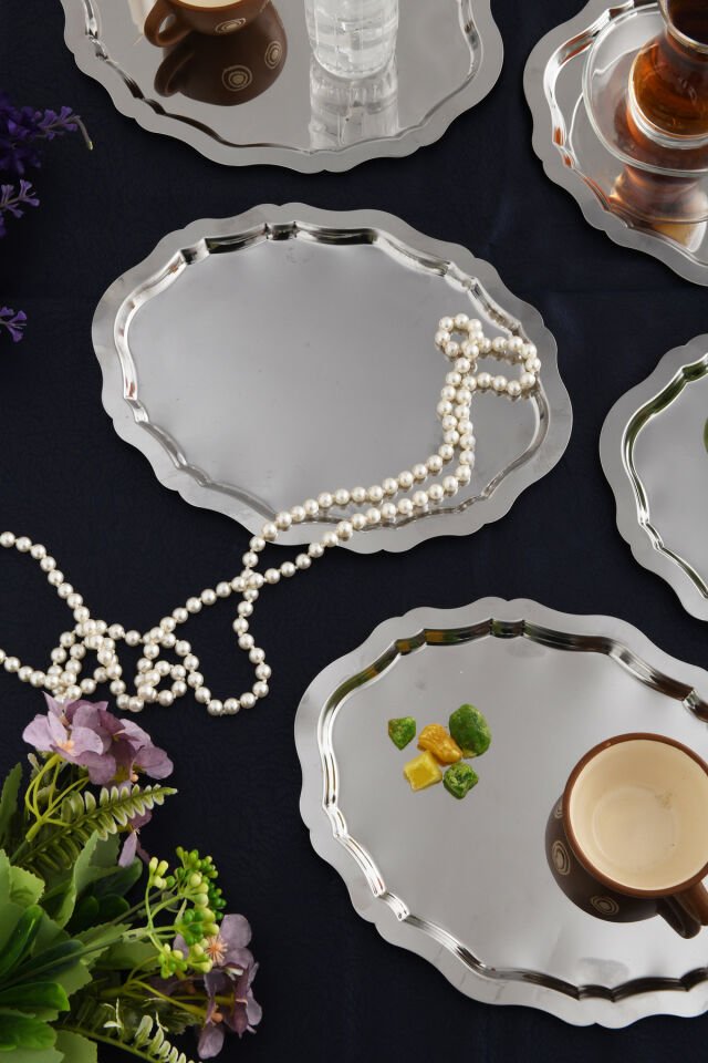 Ovaldi 6'lı Paslanmaz Çelik Oval Kahve Sunum Tepsisi Servis Çay Tepsisi Dekoratif Tepsi