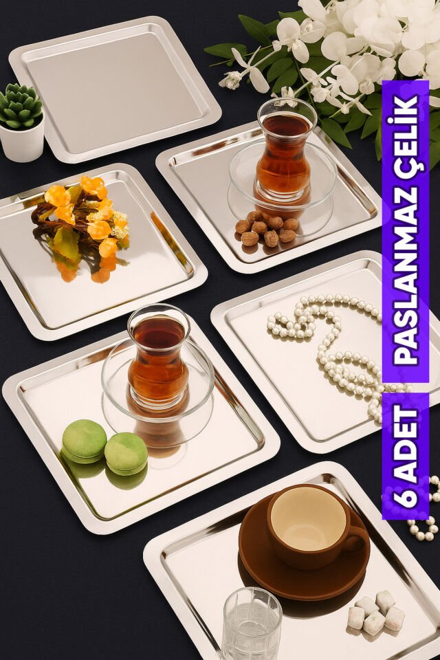 Orlen Paslanmaz Çelik Kahve Sunum Tepsisi Servis Çay Tepsisi Dekoratif Tepsi