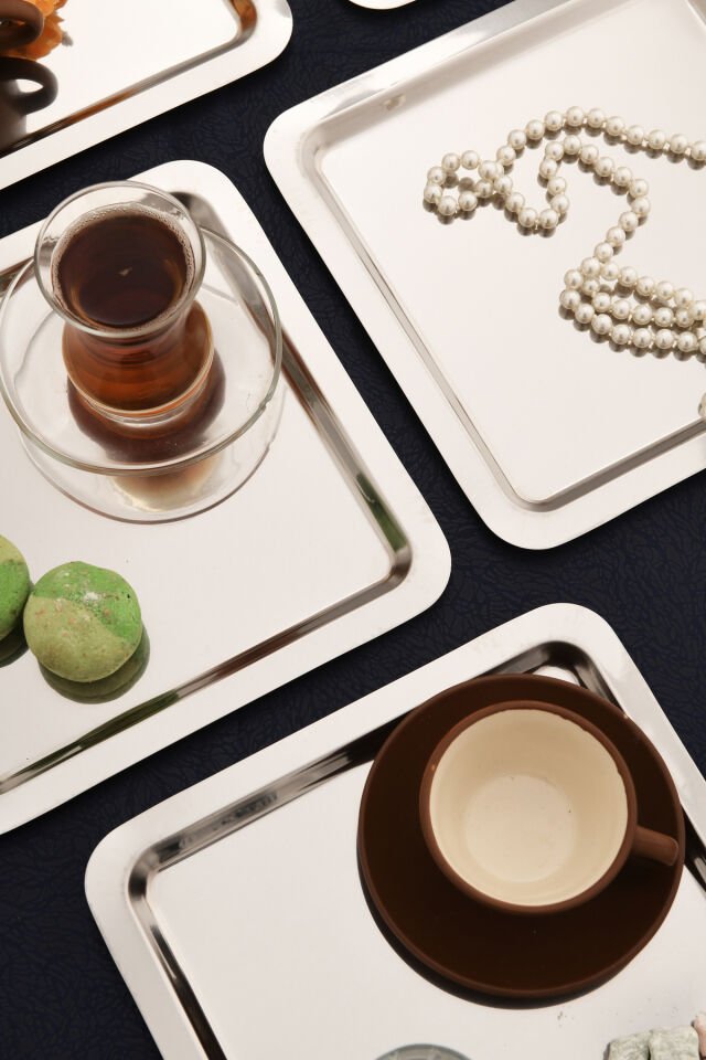 Orlen Paslanmaz Çelik Kahve Sunum Tepsisi Servis Çay Tepsisi Dekoratif Tepsi