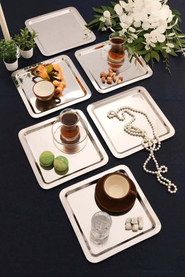 Orlen Paslanmaz Çelik Kahve Sunum Tepsisi Servis Çay Tepsisi Dekoratif Tepsi