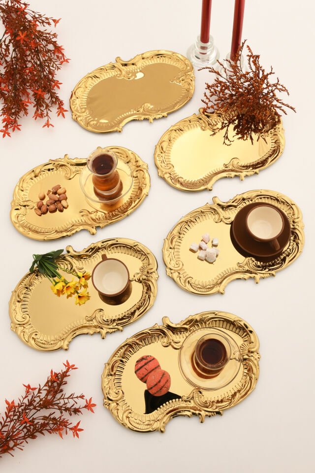 Silen Kahve Sunum Tepsisi Gold - Paslanmaz Bulut Model 6 Lı Set