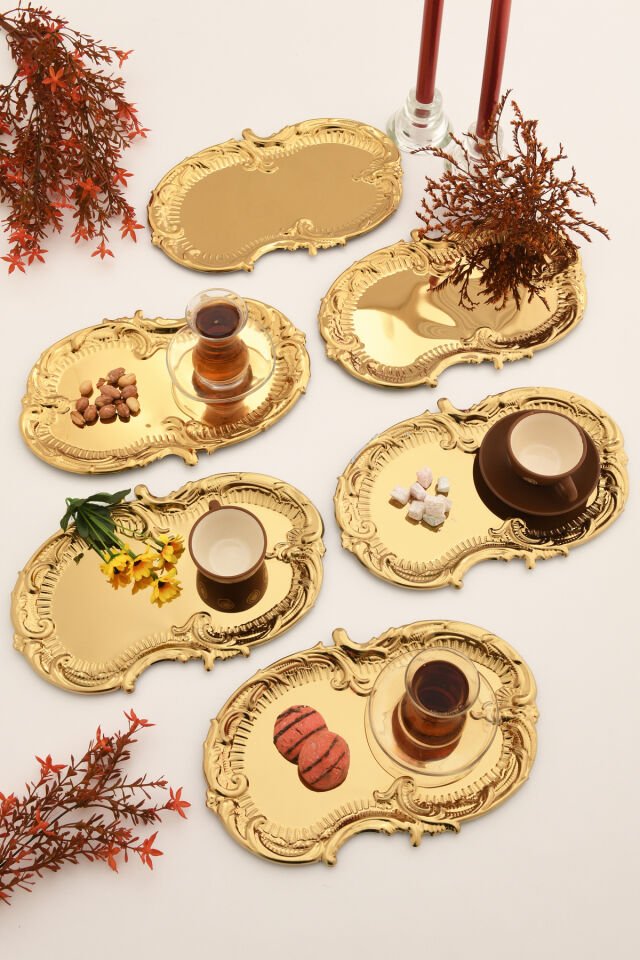Silen Kahve Sunum Tepsisi Gold - Paslanmaz Bulut Model 6 Lı Set