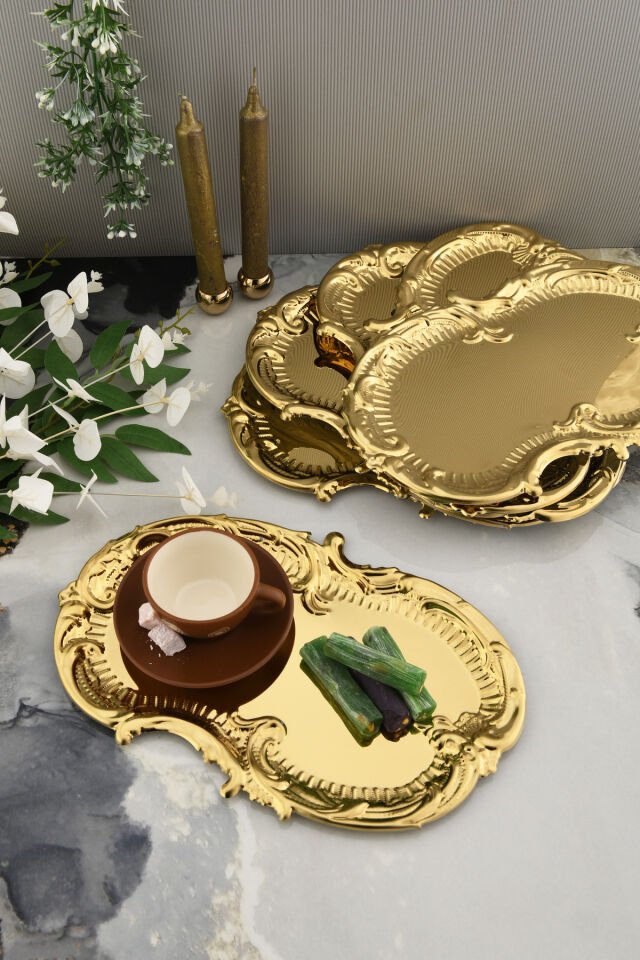 Silen Kahve Sunum Tepsisi Gold - Paslanmaz Bulut Model 6 Lı Set