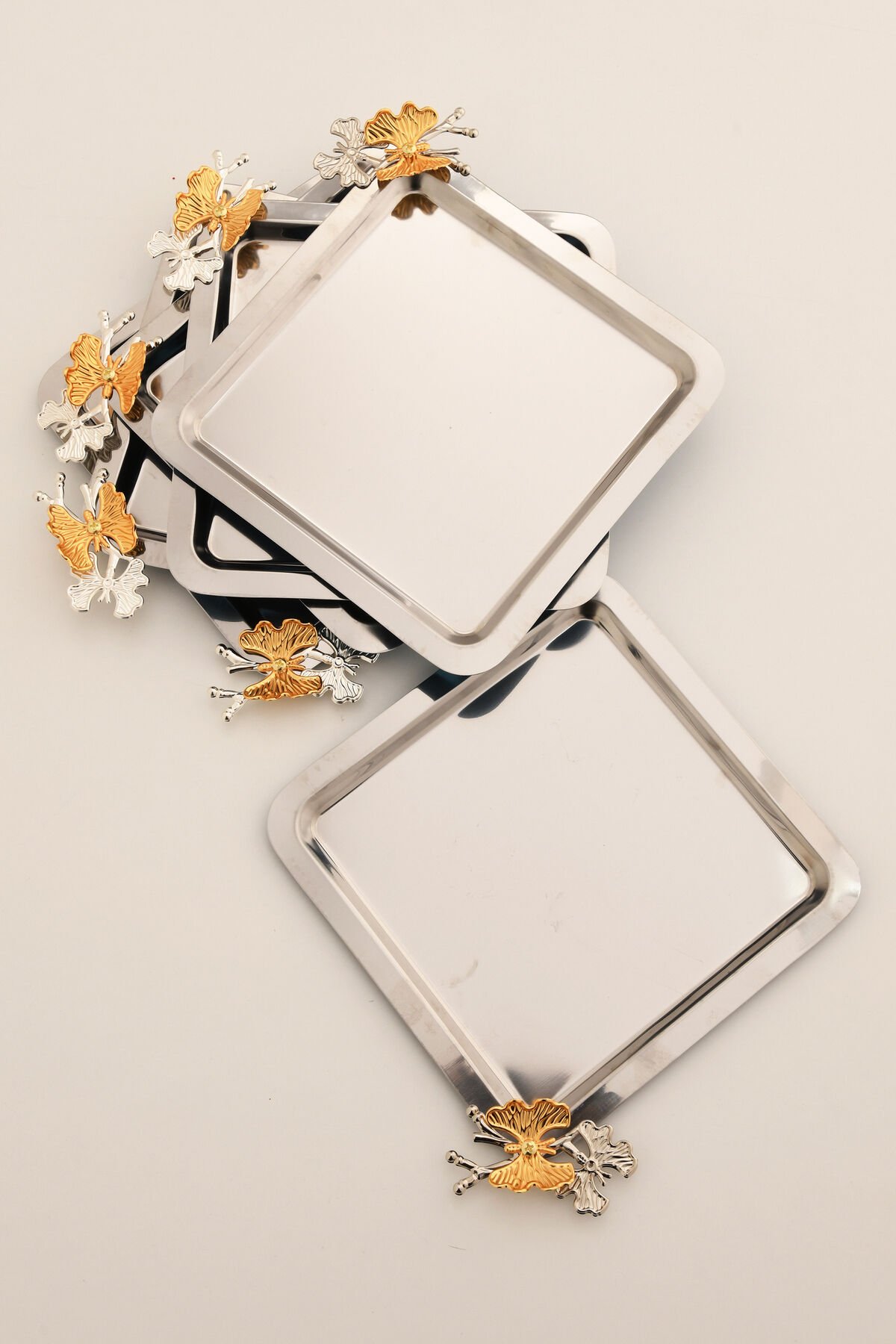 Nesto Paslanmaz 6 Lı Takım Kelebek Detaylı Genel Sunum Tepsisi Gümüş