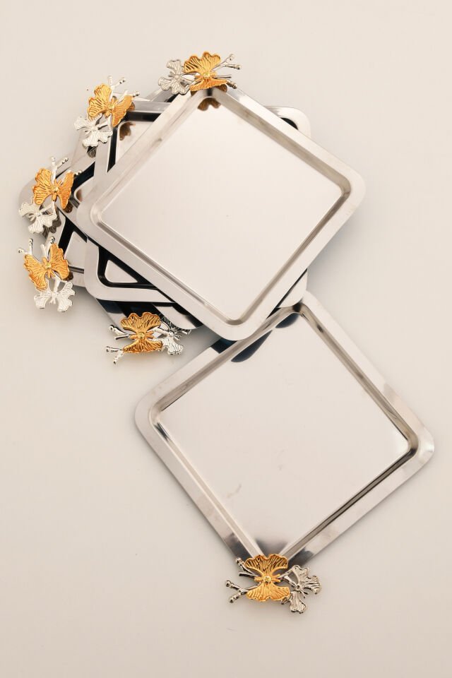 Nesto Paslanmaz 6 Lı Takım Kelebek Detaylı Genel Sunum Tepsisi Gümüş