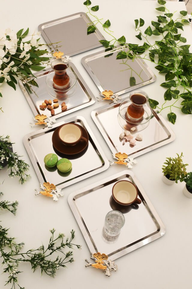 Nesto Paslanmaz 6 Lı Takım Kelebek Detaylı Genel Sunum Tepsisi Gümüş