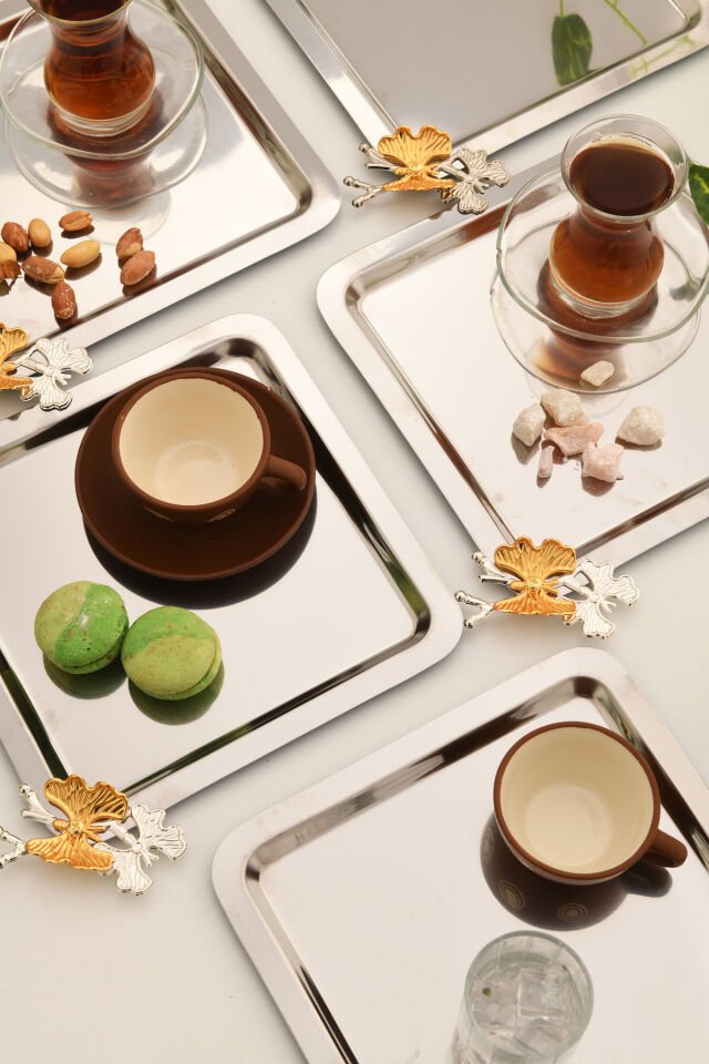 Nesto Paslanmaz 6 Lı Takım Kelebek Detaylı Genel Sunum Tepsisi Gümüş