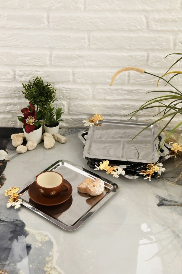 Nesto Paslanmaz 6 Lı Takım Kelebek Detaylı Genel Sunum Tepsisi Gümüş