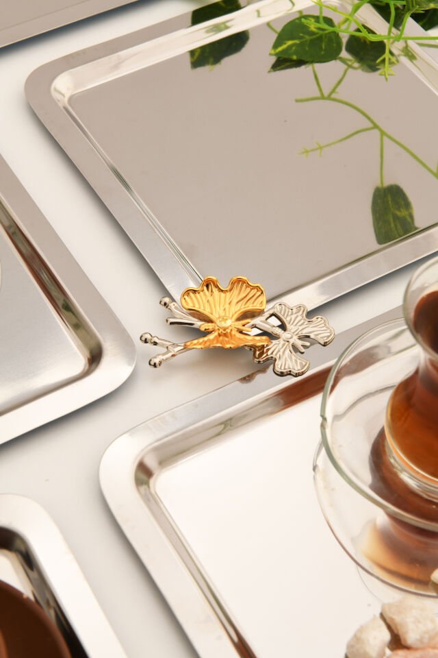 Nesto Paslanmaz 6 Lı Takım Kelebek Detaylı Genel Sunum Tepsisi Gümüş