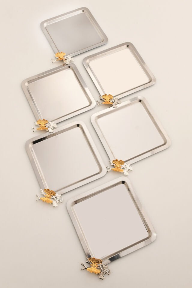 Nesto Paslanmaz 6 Lı Takım Kelebek Detaylı Genel Sunum Tepsisi Gümüş