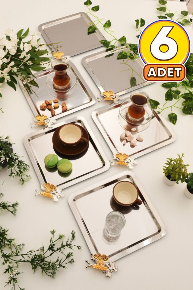 Nesto Paslanmaz 6 Lı Takım Kelebek Detaylı Genel Sunum Tepsisi Gümüş