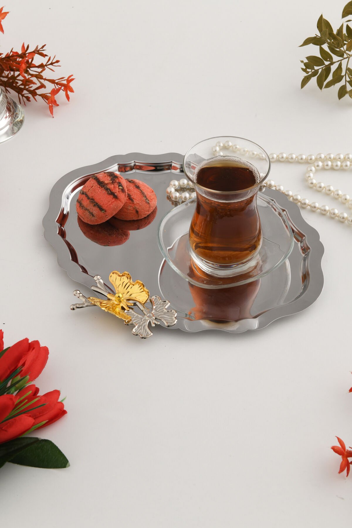 Keveldi Gümüş Kelebek Detaylı Oval Kahve Sunum Tepsisi Servis Çay Tepsisi Dekoratif Tepsi