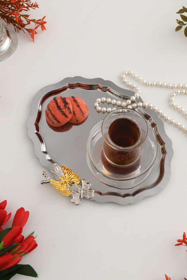 Keveldi Gümüş Kelebek Detaylı Oval Kahve Sunum Tepsisi Servis Çay Tepsisi Dekoratif Tepsi
