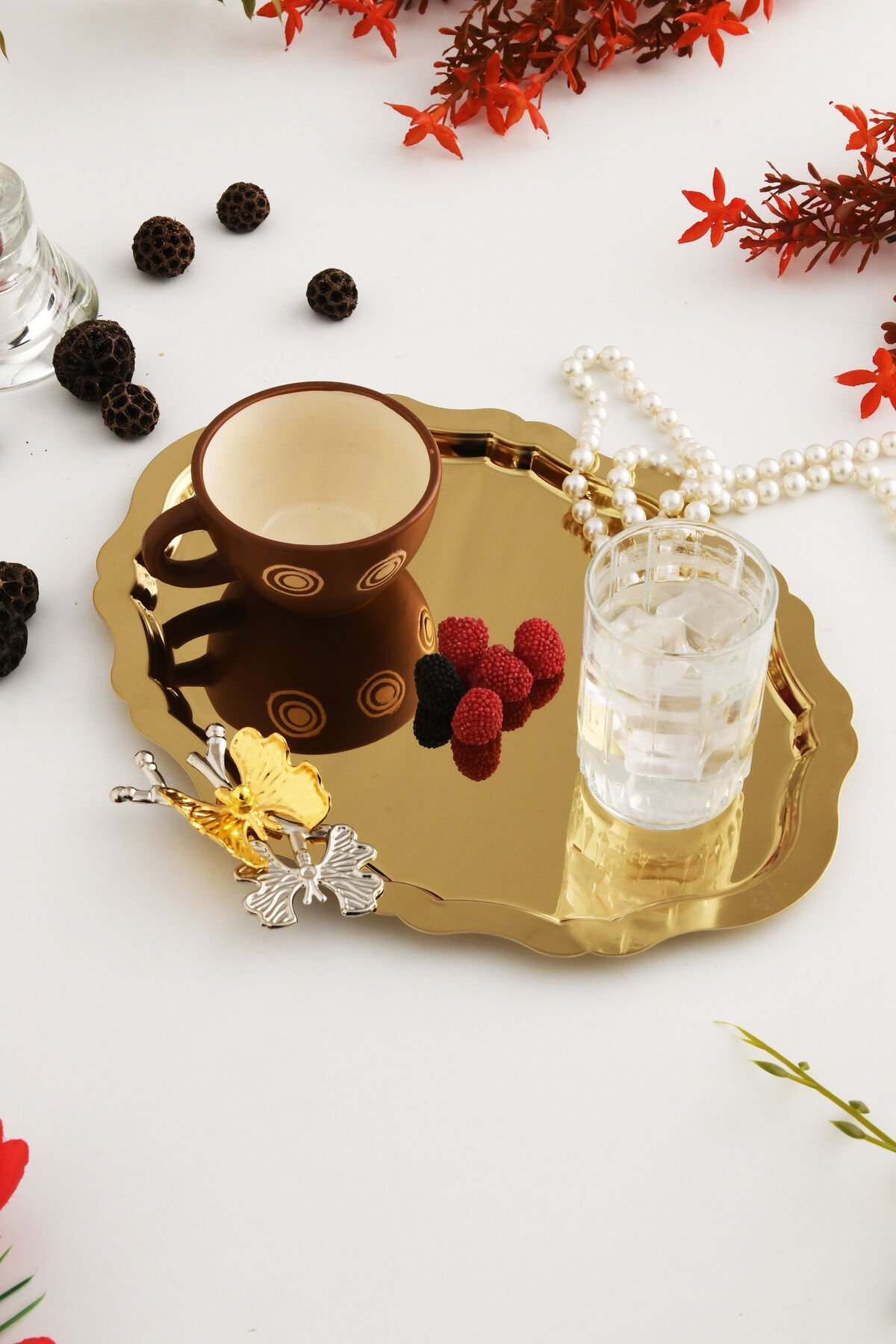 Keveldi Gold Kelebek Detaylı Oval Kahve Sunum Tepsisi Servis Çay Tepsisi Dekoratif Tepsi