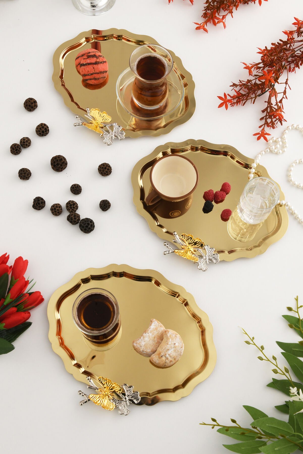 Keveldi Gold 3'lü Kelebek Detaylı Oval Kahve Sunum Tepsisi Servis Çay Tepsisi Dekoratif Tepsi