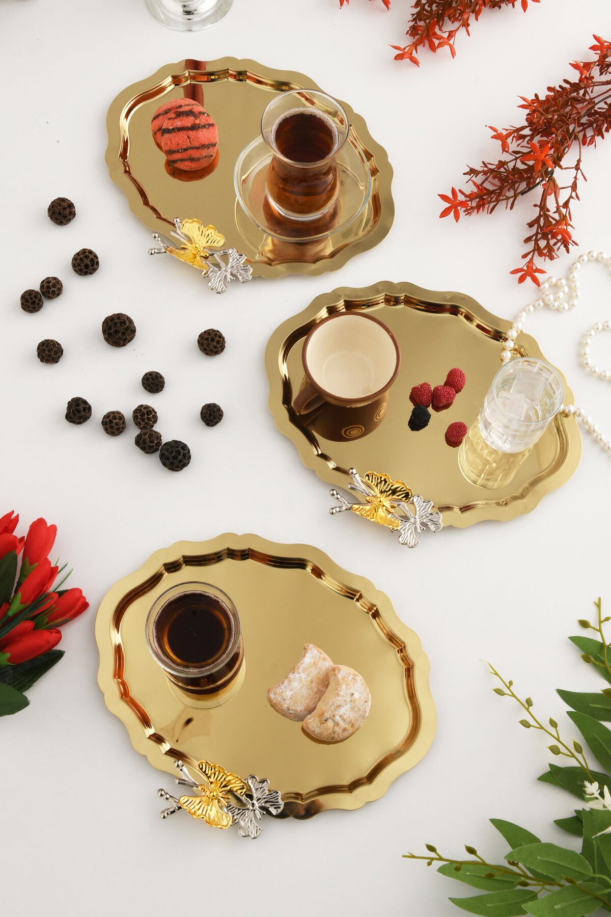 Keveldi Gold 3'lü Kelebek Detaylı Oval Kahve Sunum Tepsisi Servis Çay Tepsisi Dekoratif Tepsi