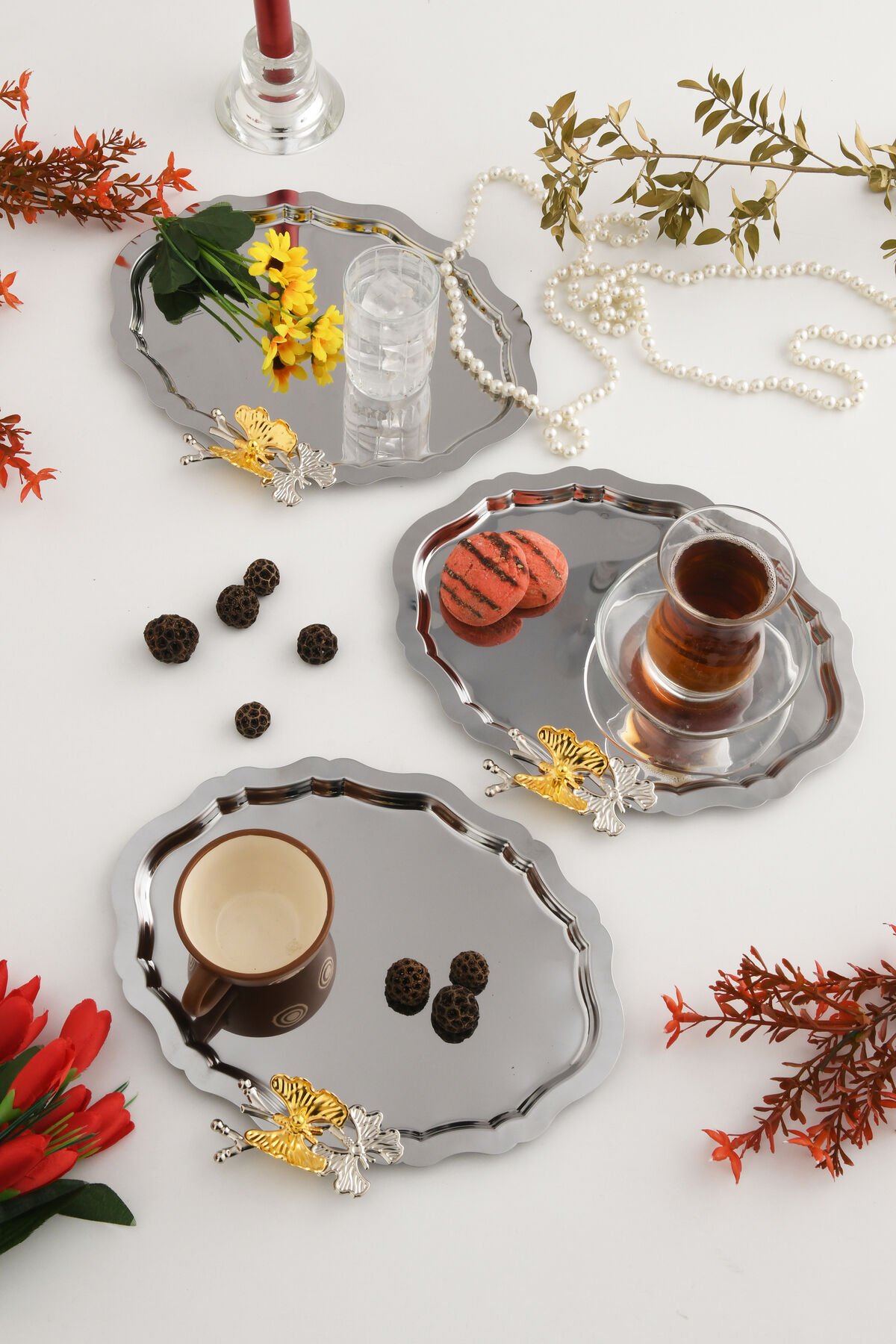 Keveldi Gümüş 3'lü Kelebek Detaylı Oval Kahve Sunum Tepsisi Servis Çay Tepsisi Dekoratif Tepsi