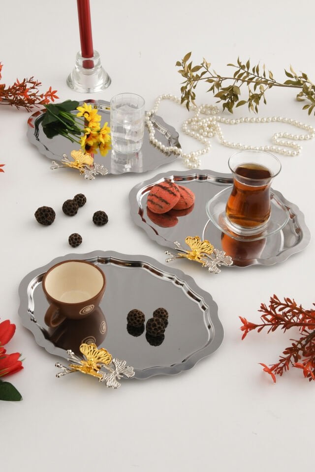 Keveldi Gümüş 3'lü Kelebek Detaylı Oval Kahve Sunum Tepsisi Servis Çay Tepsisi Dekoratif Tepsi