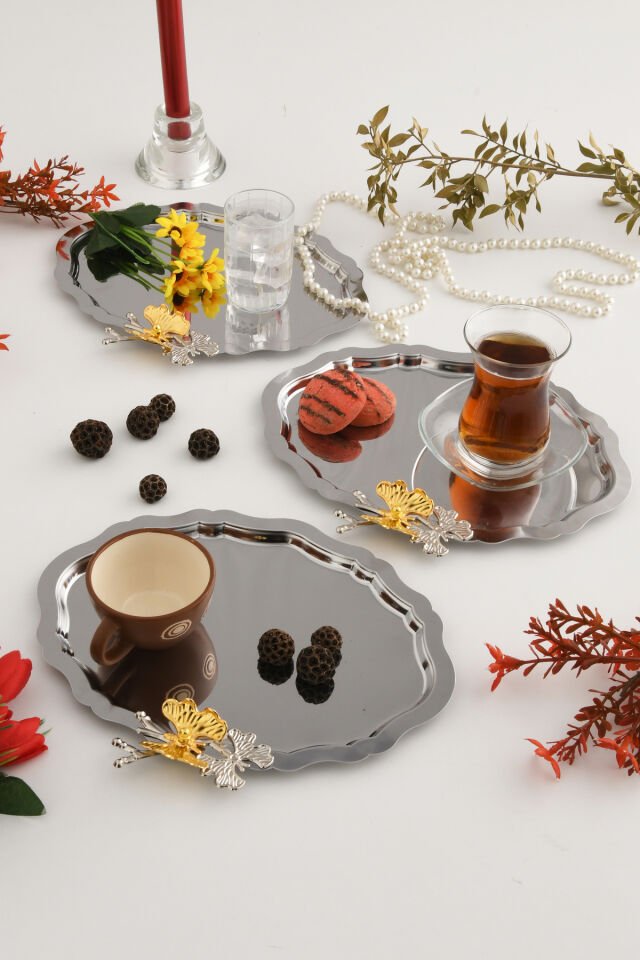 Keveldi Gümüş 3'lü Kelebek Detaylı Oval Kahve Sunum Tepsisi Servis Çay Tepsisi Dekoratif Tepsi