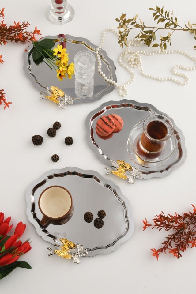 Keveldi Gümüş 3'lü Kelebek Detaylı Oval Kahve Sunum Tepsisi Servis Çay Tepsisi Dekoratif Tepsi