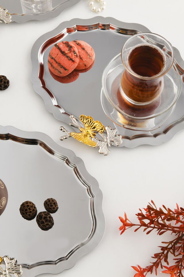 Keveldi Gümüş 3'lü Kelebek Detaylı Oval Kahve Sunum Tepsisi Servis Çay Tepsisi Dekoratif Tepsi