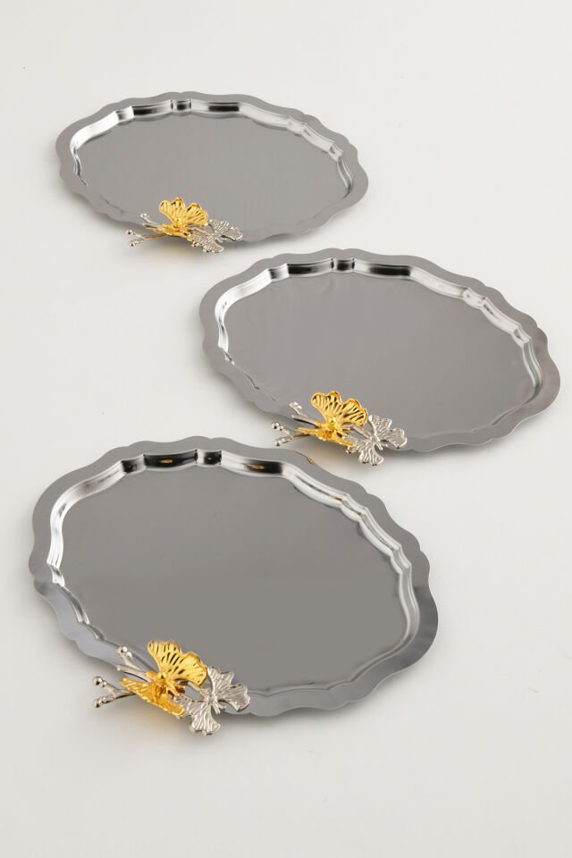 Keveldi Gümüş 3'lü Kelebek Detaylı Oval Kahve Sunum Tepsisi Servis Çay Tepsisi Dekoratif Tepsi