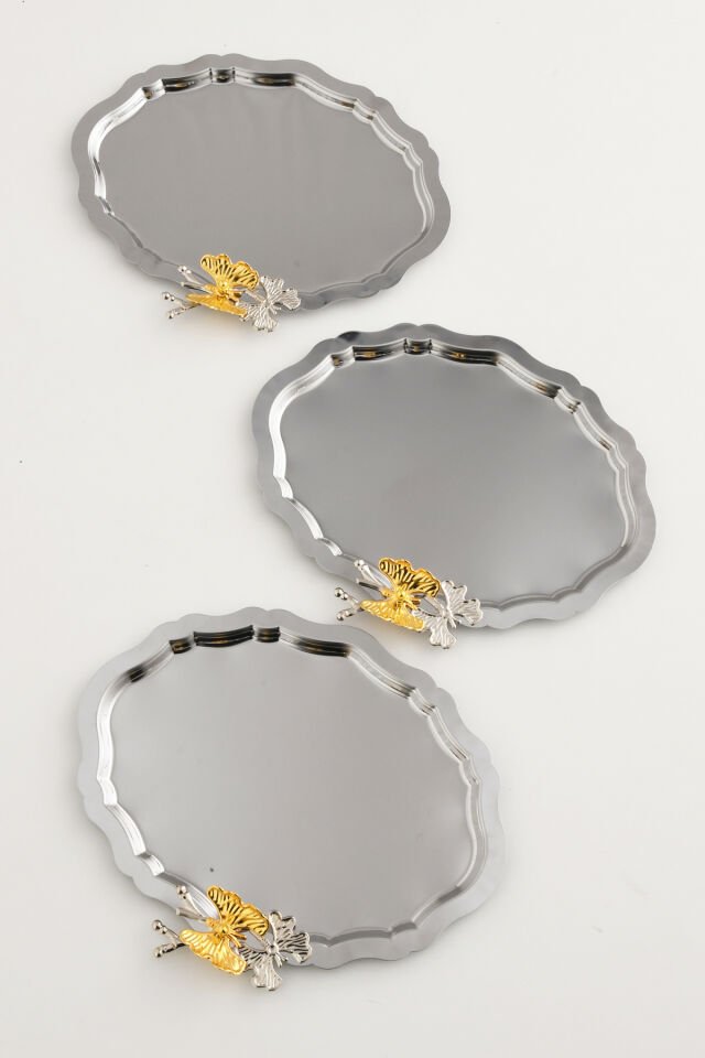 Keveldi Gümüş 3'lü Kelebek Detaylı Oval Kahve Sunum Tepsisi Servis Çay Tepsisi Dekoratif Tepsi
