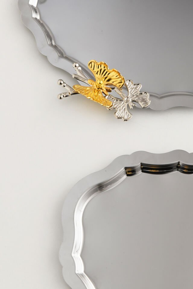 Keveldi Gümüş 3'lü Kelebek Detaylı Oval Kahve Sunum Tepsisi Servis Çay Tepsisi Dekoratif Tepsi