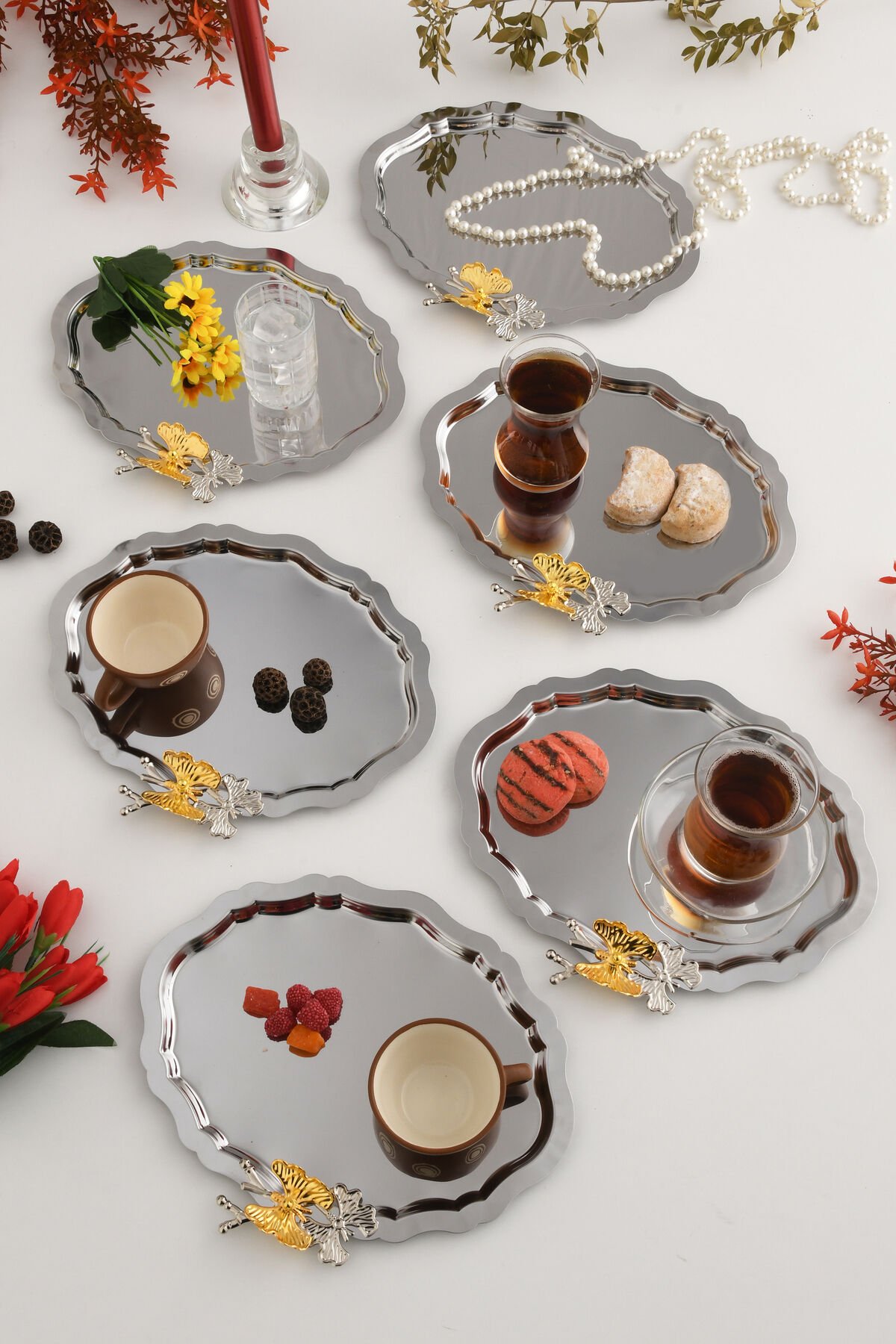 Keveldi Gümüş 6'lı Kelebek Detaylı Oval Kahve Sunum Tepsisi Servis Çay Tepsisi Dekoratif Tepsi