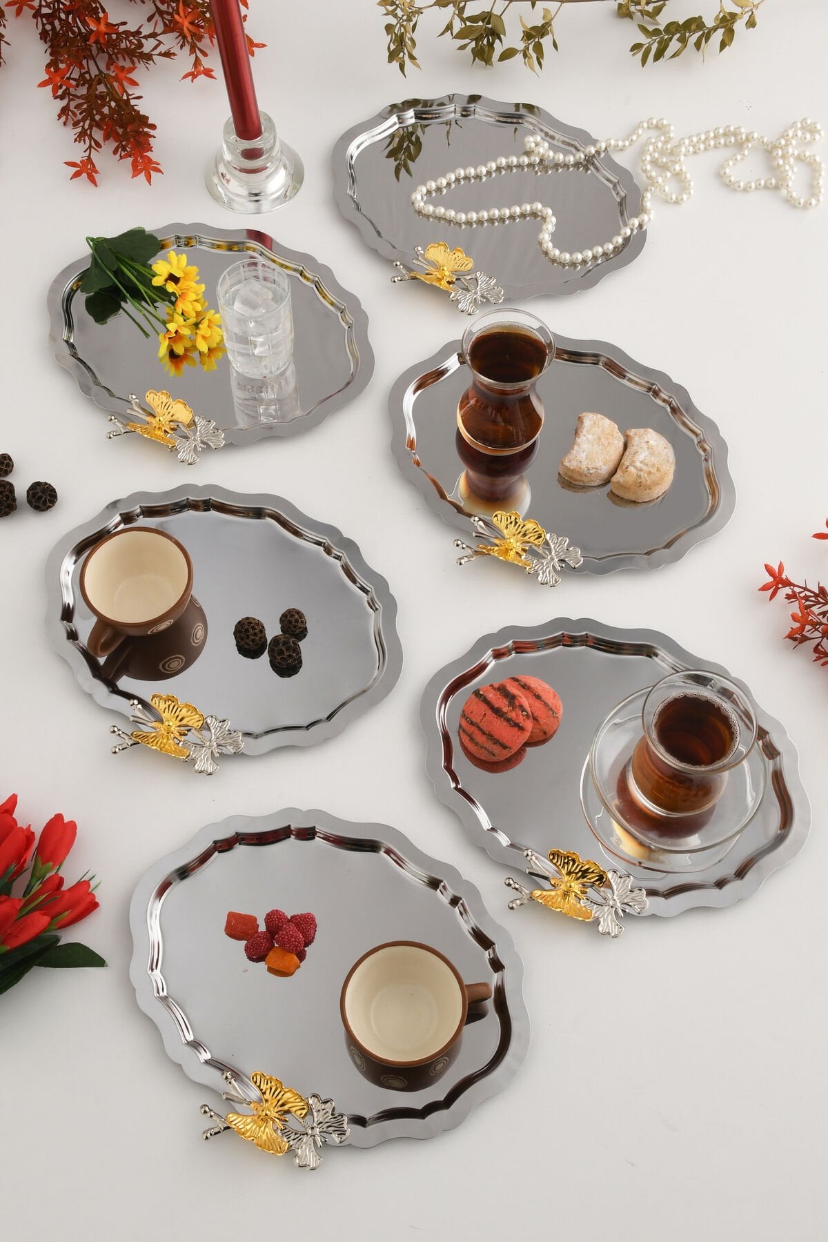 Keveldi Gümüş 6'lı Kelebek Detaylı Oval Kahve Sunum Tepsisi Servis Çay Tepsisi Dekoratif Tepsi