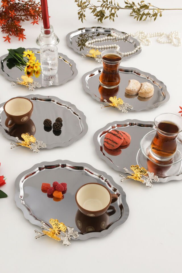 Keveldi Gümüş 6'lı Kelebek Detaylı Oval Kahve Sunum Tepsisi Servis Çay Tepsisi Dekoratif Tepsi
