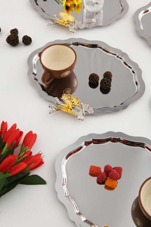 Keveldi Gümüş 6'lı Kelebek Detaylı Oval Kahve Sunum Tepsisi Servis Çay Tepsisi Dekoratif Tepsi