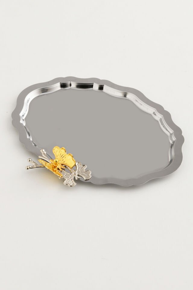 Keveldi Gümüş 6'lı Kelebek Detaylı Oval Kahve Sunum Tepsisi Servis Çay Tepsisi Dekoratif Tepsi