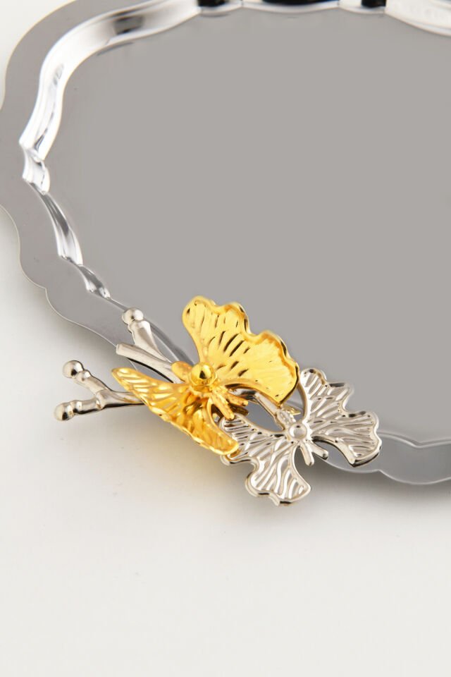 Keveldi Gümüş 6'lı Kelebek Detaylı Oval Kahve Sunum Tepsisi Servis Çay Tepsisi Dekoratif Tepsi