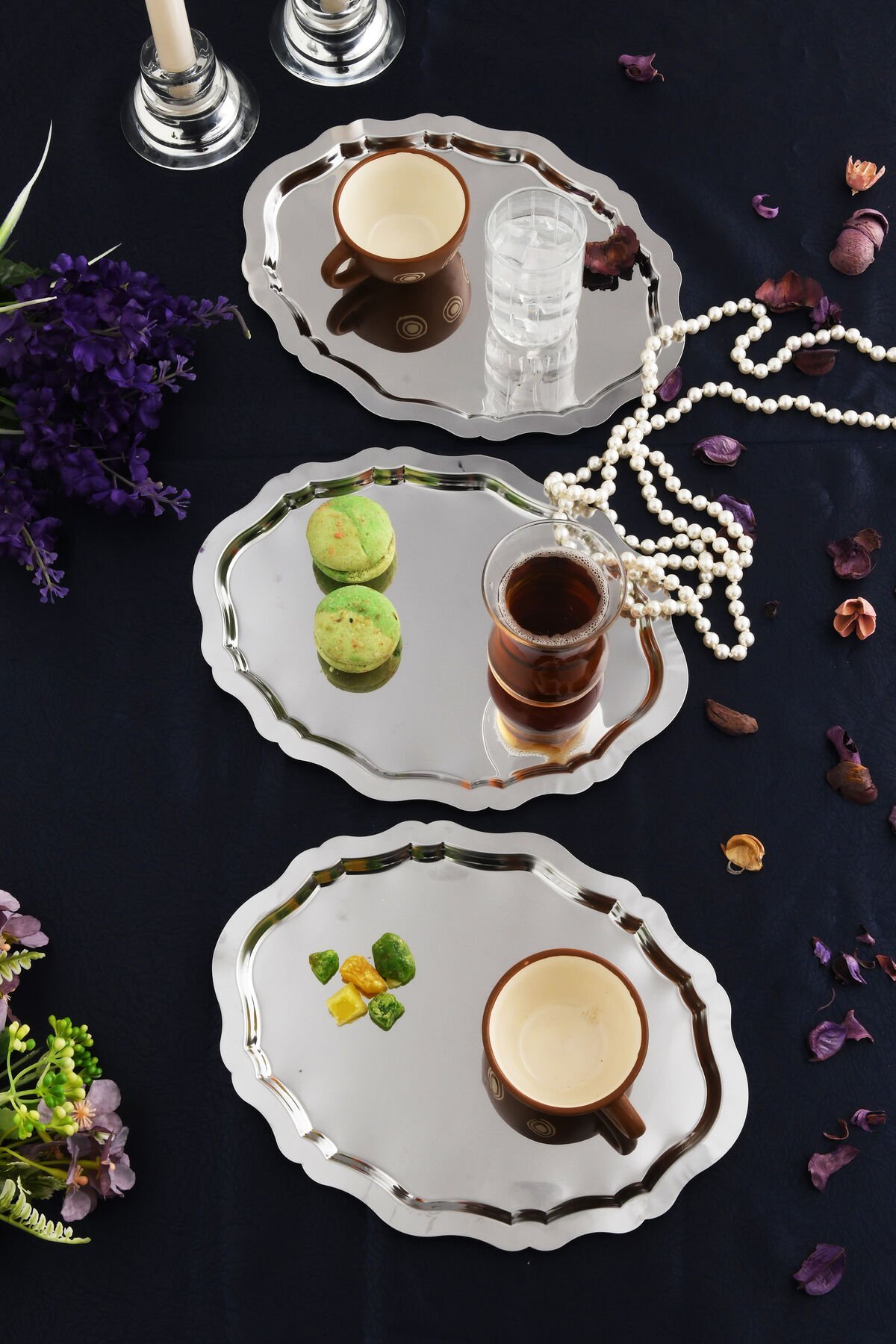 Ovaldi 3'lü Gümüş Paslanmaz Çelik Oval Kahve Sunum Tepsisi Servis Çay Tepsisi Dekoratif Tepsi